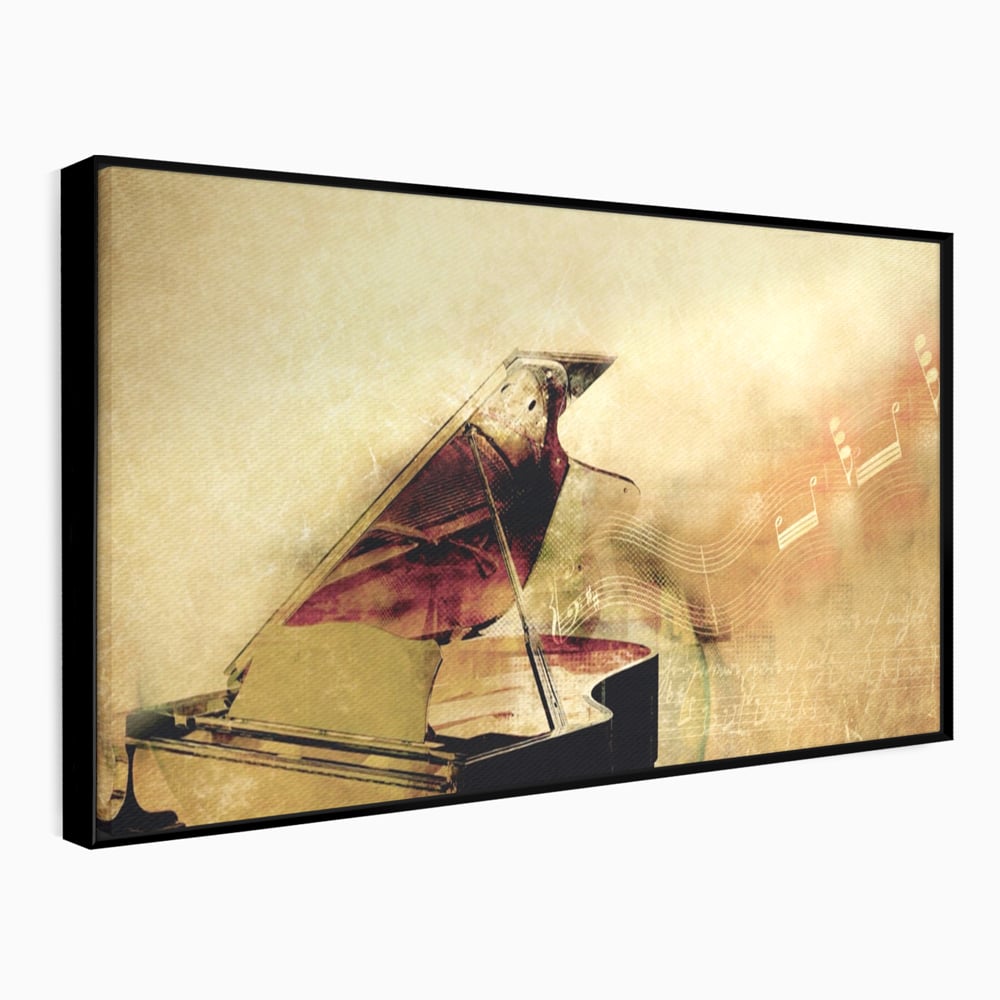 Tablou canvas cu tablou canvas cu pian vechi si note muzicale, in rama de aluminiu negru